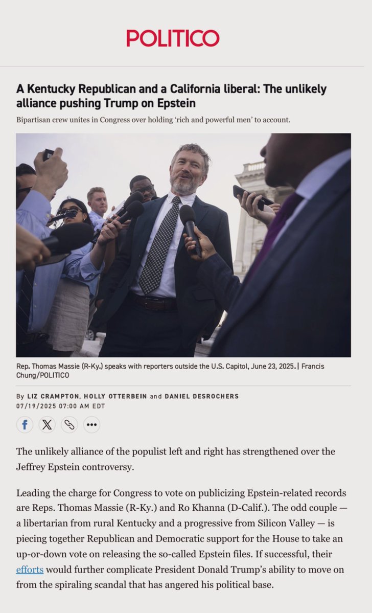 RepThomasMassie's tweet image. Good article: “The unlikely alliance of the populist left and right has strengthened over the Jeffrey Epstein controversy.
Leading the charge for Congress to vote on publicizing Epstein-related records are Reps. Thomas Massie and @RepRoKhanna.”
politico.com/news/2025/07/1…