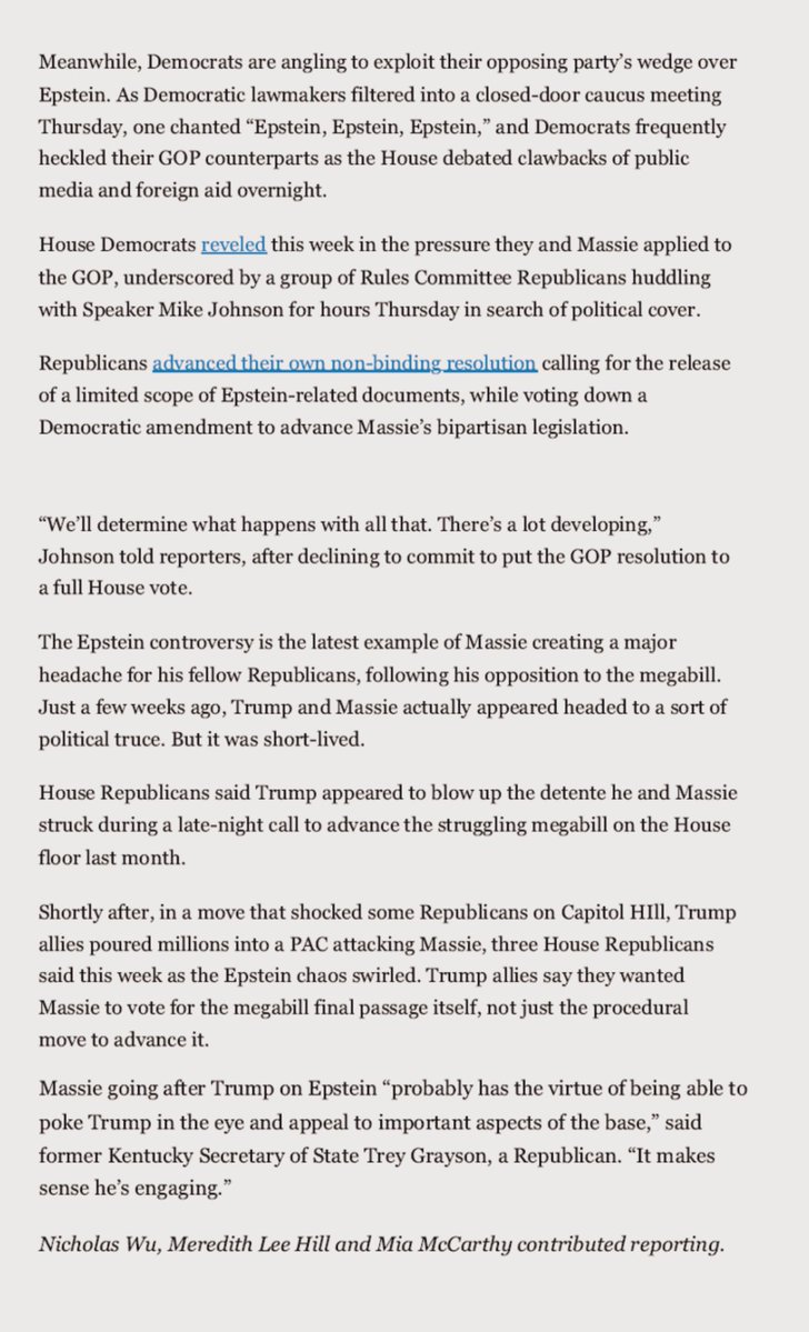 RepThomasMassie's tweet image. Good article: “The unlikely alliance of the populist left and right has strengthened over the Jeffrey Epstein controversy.
Leading the charge for Congress to vote on publicizing Epstein-related records are Reps. Thomas Massie and @RepRoKhanna.”
politico.com/news/2025/07/1…