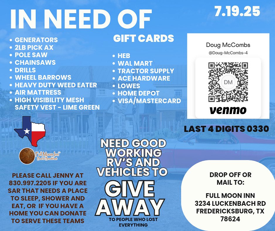 JennyTexas1's tweet image. 🎉7/19 needs & resources list🎉
Operation Yay God!
As of yesterday, we have coordinated free housing for 650+ search & rescue workers! ‼️
We have fed over 2,000 meals to rescue workers & flood victims. 👩🍳
We have given 2 of the 3 RVs that have been donated to us to victims. ❤️…