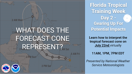 NWSMiami's tweet image. 🌀 Do you understand what the tropical forecast cone represents and what it doesn’t represent? Learn more about the forecast cone from NWS meteorologists today! Register for the virtual training sessions & learn more about the training week here: weather.gov/jax/FloridaTro…