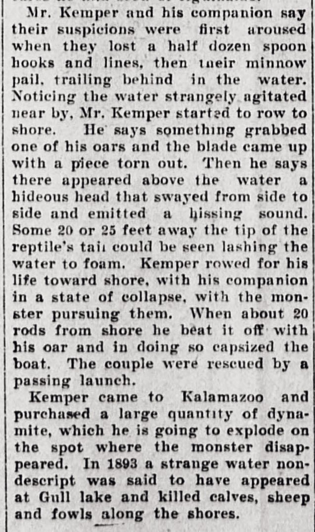oddoldnews's tweet image. SEE A SEA MONSTER.
Visitors to Michigan Resort Tell a Hair-Raising Tale.
Attacked by a Hideous Sea Serpent and Barely Escaped-Had Bulging Eyes, Large Mouth and Vicious-Looking Teeth.
Marietta daily leader., September 13, 1900