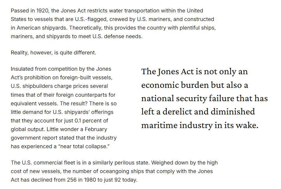 CatoTrade's tweet image. The Jones Act is not only an economic burden but also a national security failure that has left a derelict and diminished maritime industry in its wake. cato.org/commentary/nat…
✍️ @cpgrabow