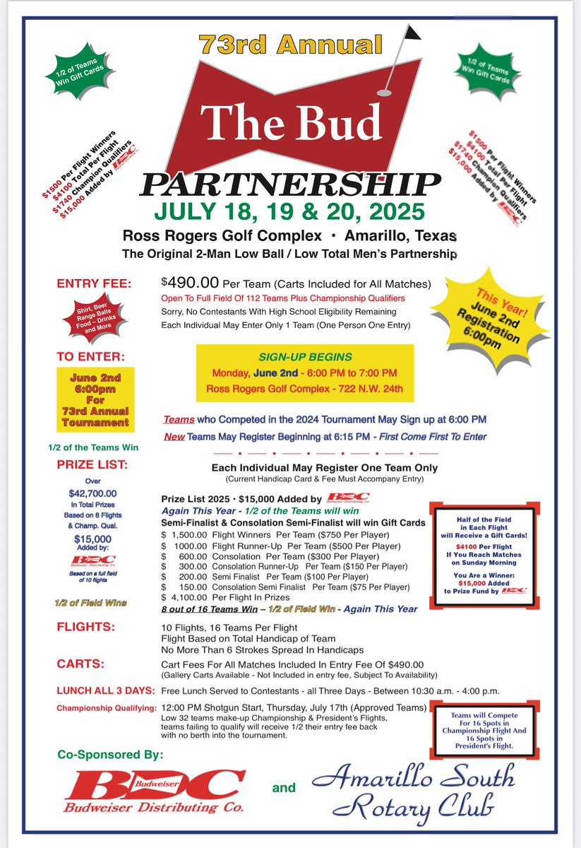 Good luck to everyone teeing it up in the Budweiser Partnership at Ross Rogers in Amarillo this weekend! One of my all-time favorite events—enjoy it out there! 🍻⛳️ …albudweiserpartnership.golfgenius.com/pages/11816894…