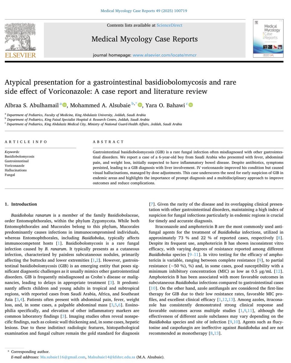 vMSubaie's tweet image. 📄 Our new publication
“Atypical presentation for a gastrointestinal basidiobolomycosis and rare side effect of Voriconazole”

A rare and challenging case of a 6-year-old boy who presented with vague symptoms — later diagnosed with GI basidiobolomycosis caused by Basidiobolus…