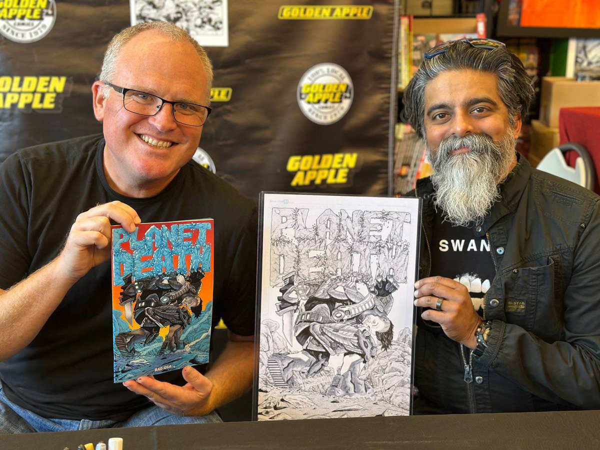 badideahello's tweet image. The PLANET DEATH Signing Tour has begun! Head over to @GAppleComics to get your copy of PLANET DEATH #1 signed by Derek Kolstad and Shahin Chandrasoma!