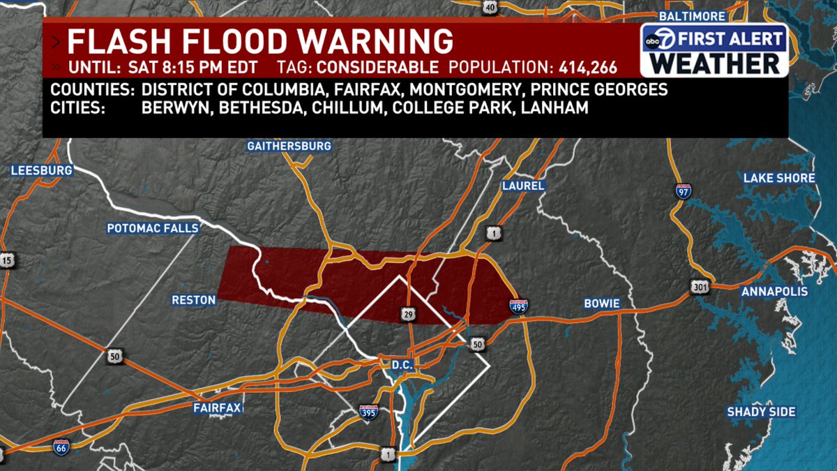 MarkPenaWX's tweet image. Flash Flood Warning issued for the northern half of the Capital Beltway, including the District, Montgomery and Prince Georges counties.
Turn around don't drown! Flash flooding is possible in low water crossings, creeks and streams.
@7NewsDC #dcwx