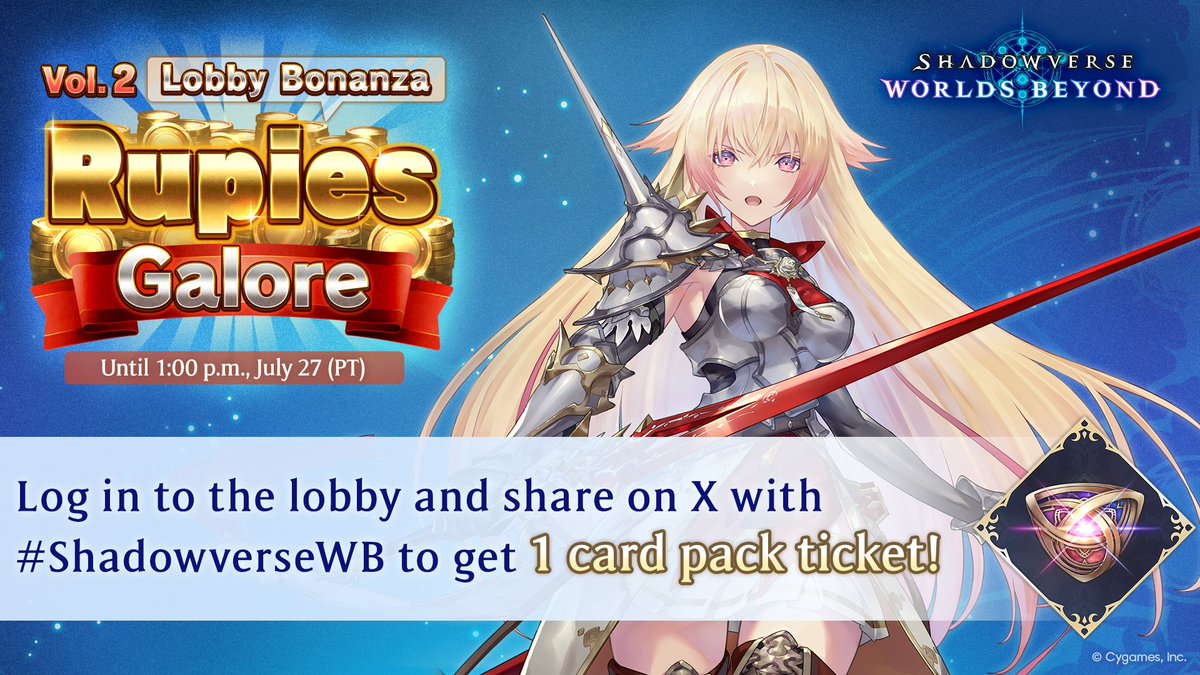 jbasekelly's tweet photo. I'm entering #ShadowverseWB Lobby Bananza: Rupies Galore for a chance to win 2.5 million rupies! 🎁 

👇 Enter now and use the in-game share function to earn a card pack ticket for free!
https://t.co/uLDEmUMsQZ https://t.co/SBsfrfggCg