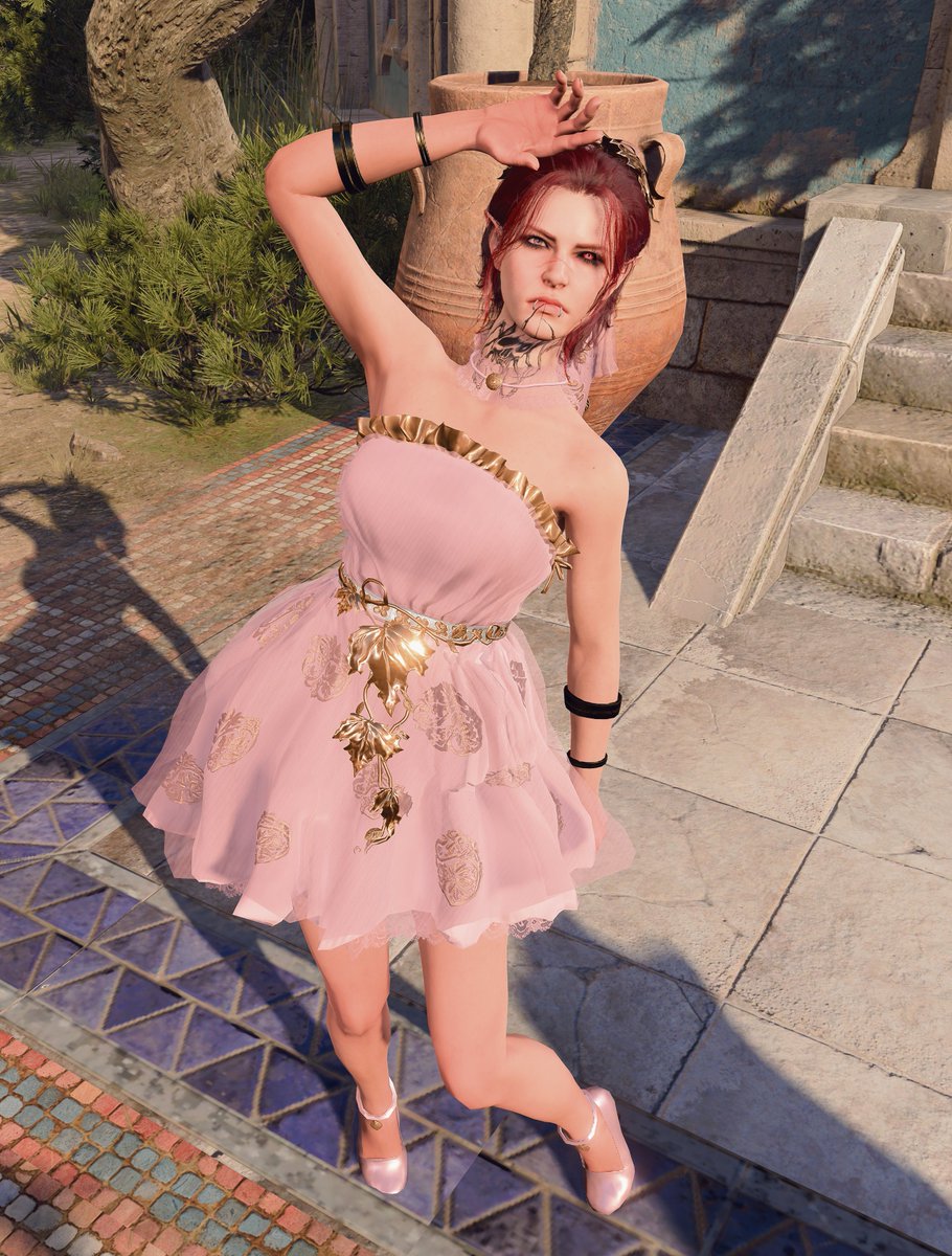 Dancunin's tweet image. There's a TavQotd on bsky about showing your tav/durge wearing something that they won't normally wear and I'm dying in laughter seeing Anne like this, it's so weird and she clearly hates this trend