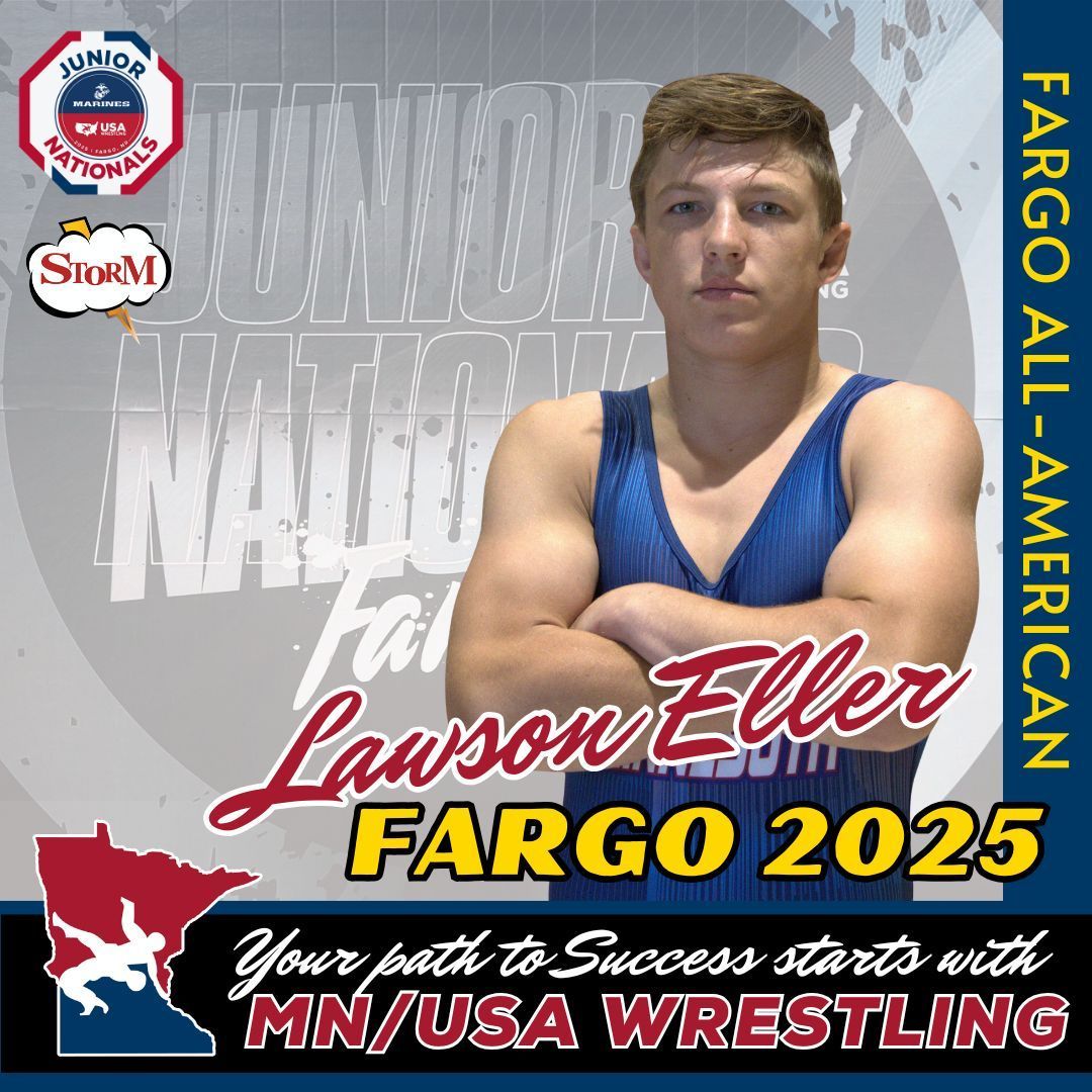 MNUSAW's tweet image. Congrats to Lawson Eller for finishing 6th and a 2025 Fargo All-American. This is his 6th time placing at Fargo among both styles. #mnusawrestling #mnstorm
