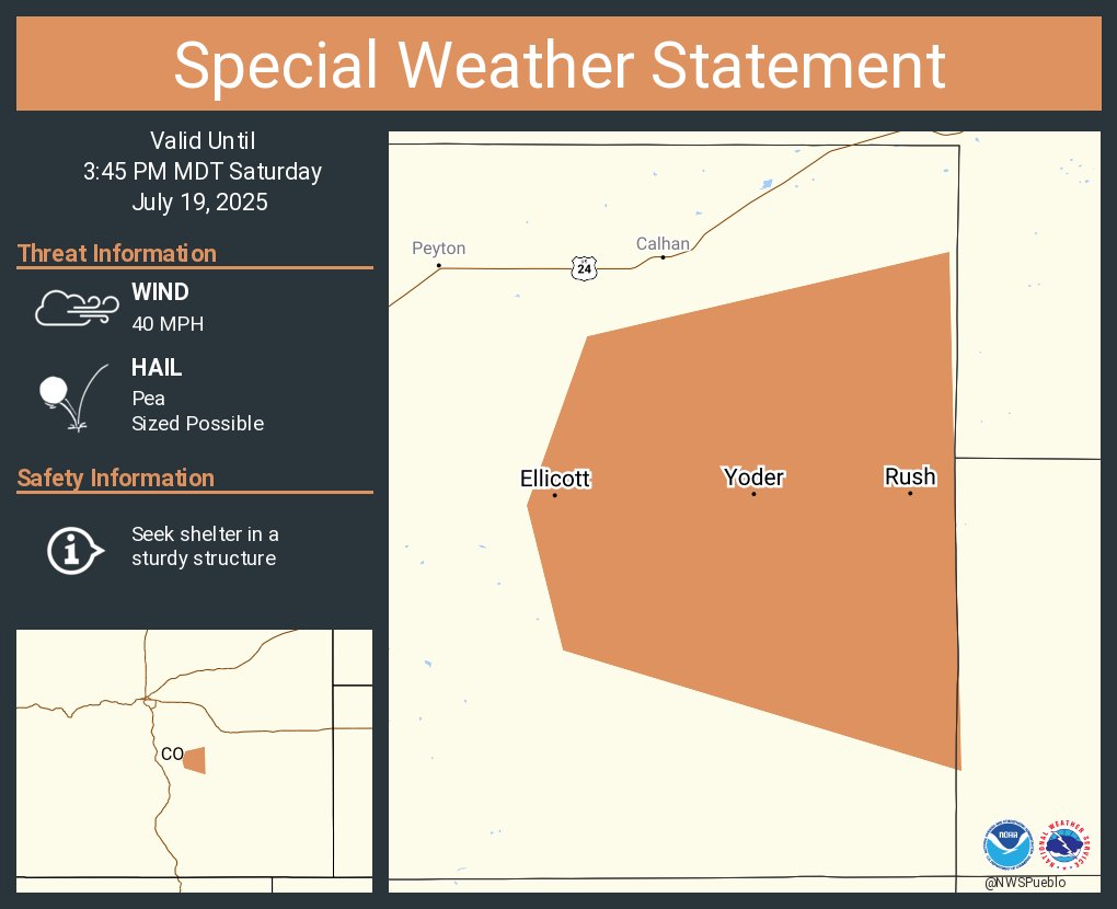 A special weather statement has been issued for Ellicott CO, Yoder CO and  Rush CO until 3:45 PM MDT