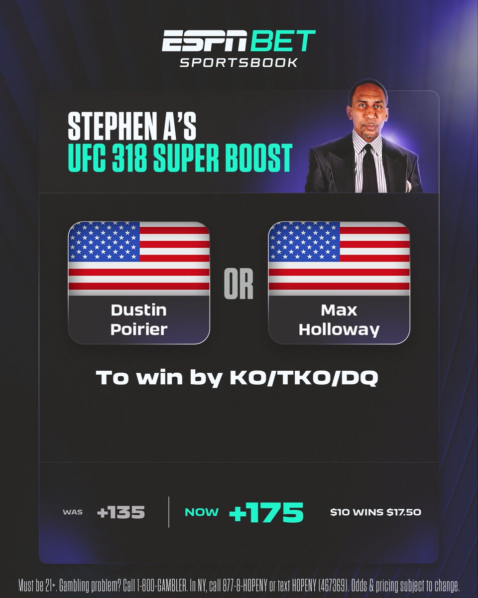 stephenasmith's tweet image. We’ve got a great Main Event for UFC 318 and I've got a boost over on @ESPNBet for there to be a knockout in Nola in the last fight of the night.
Doesn’t matter which fighter, we just need a KO and we’re ending the night as winners 💸
espnbet.app.link/OwBgLyJCnSb
#ad