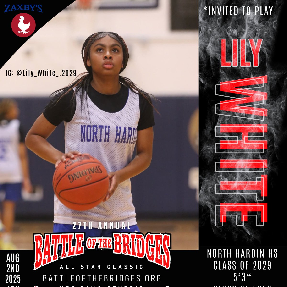 Gary Darby (@teamhoopsdotcom) on Twitter photo Lily White 5'3" North Hardin HS 2029 IG <a href="/Lily_White_2029/">Lily White</a> invited
Battle 2025 Hotline
502-819-HOOP(4667)
battleofthebridges.org
<a href="/joshcookNT/">Josh Cook</a> <a href="/brittdelbarba/">Britt Del Barba</a> <a href="/FocusProgoggles/">TheFocusPro</a> <a href="/KendrickHaskins/">Kendrick HaskinsWave</a> <a href="/KevinHarris_IU/">Kevin Harris</a> <a href="/TomLaneWDRB/">Tom Lane</a> <a href="/riseupsports1/">Rise Up Sports Media</a> <a href="/Zaxbys/">ZAXBYS</a> <a href="/sports_cj/">Courier Journal Sports</a> <a href="/ADChernoff/">Andrew Chernoff - WISH-TV</a> <a href="/BenPeineWeather/">Ben Peine</a> Lily White 5'3" North Hardin HS 2029 IG <a href="/Lily_White_2029/">Lily White</a> invited
Battle 2025 Hotline
502-819-HOOP(4667)
battleofthebridges.org
<a href="/joshcookNT/">Josh Cook</a> <a href="/brittdelbarba/">Britt Del Barba</a> <a href="/FocusProgoggles/">TheFocusPro</a> <a href="/KendrickHaskins/">Kendrick HaskinsWave</a> <a href="/KevinHarris_IU/">Kevin Harris</a> <a href="/TomLaneWDRB/">Tom Lane</a> <a href="/riseupsports1/">Rise Up Sports Media</a> <a href="/Zaxbys/">ZAXBYS</a> <a href="/sports_cj/">Courier Journal Sports</a> <a href="/ADChernoff/">Andrew Chernoff - WISH-TV</a> <a href="/BenPeineWeather/">Ben Peine</a>