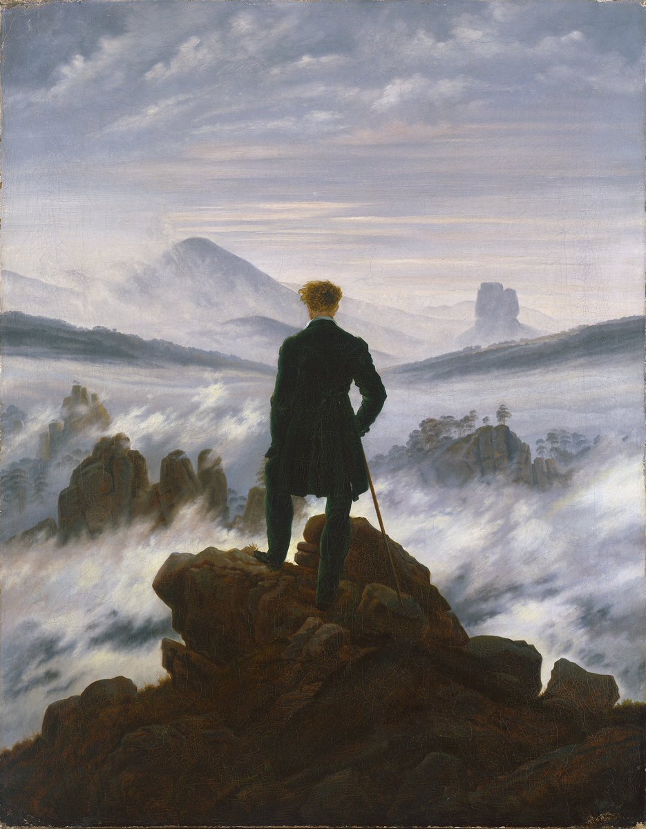 athenaeumbc's tweet image. In 1818, Caspar David Friedrich hiked the sandstone cliffs above the Elbe River. From the edge of the Bastei, he looked out over a sea of fog and forest and wrote to a friend:
“Only in solitude among these cliffs can one hear the quiet voice of God.”