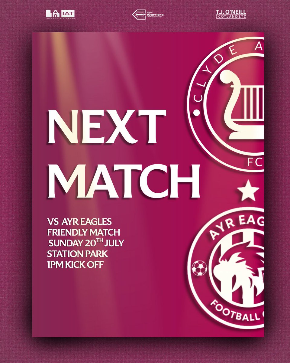 𝗡𝗲𝘅𝘁 𝗠𝗮𝘁𝗰𝗵 | 𝗙𝗙𝗜𝗧

Tomorrow it’s a trip down to Ayrshire tomorrow as we face Premiership side Ayr Eagles. 

📅 Sunday 20th July
🏆 Friendly Match
🆚 Ayr Eagles
📍 Station Park
⏰ 1pm kickoff

🟡⚫️⚪️