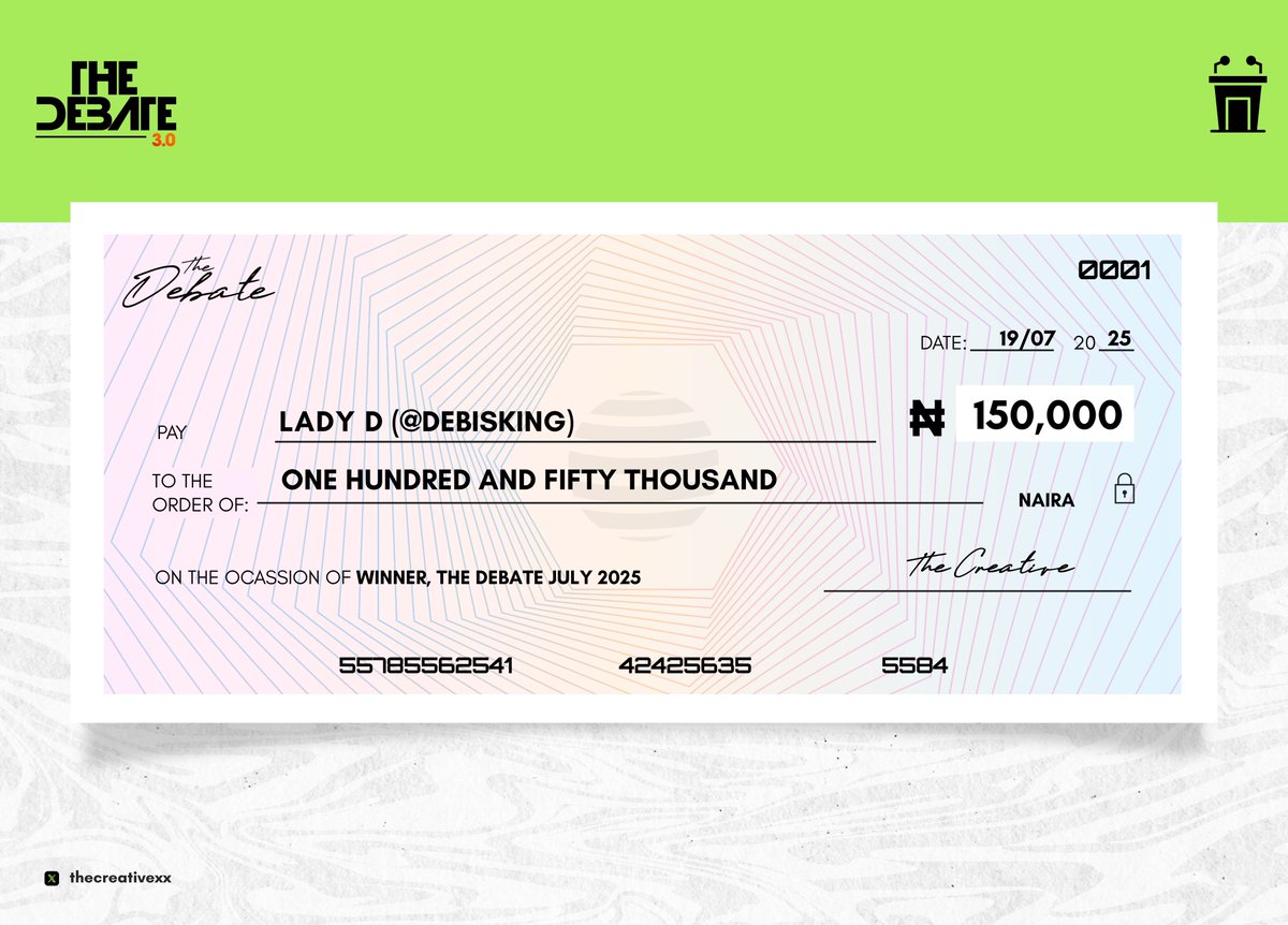 thecreativexx's tweet photo. The Debate 3.0 presents you with your winning cheque's

Congratulations to you both @debisking and @Ariyoharyomi 

#TheCreativeSpace https://t.co/dYdwxrtKyA