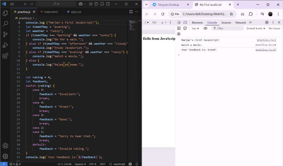 marjan_rashidi1's tweet image. Practicing some JavaScript basics today. Every line of code makes a little more sense… eventually! 😅
@CodeToInspire 
@Wajiha_Niazi 

#AfghanGirlCode #JavaScript