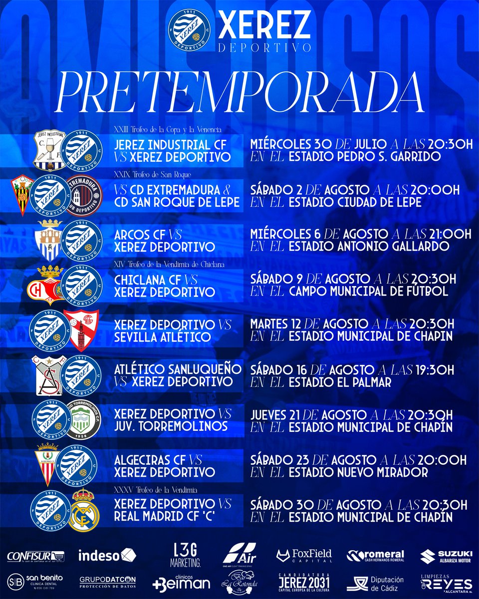 XerezDFC's tweet photo. 🗓️⚽️ ¡Confeccionado el calendario de pretemporada del #XerezDeportivo!

🔹 Comenzaremos con el XXIII Trofeo de la Copa y la Venencia ante el @JerezInd_CF 

🔚 El último test antes del inicio de la liga será frente a @lafabricacrm 

#ElXerezQueQuieresTú https://t.co/r3KJCWHvKS