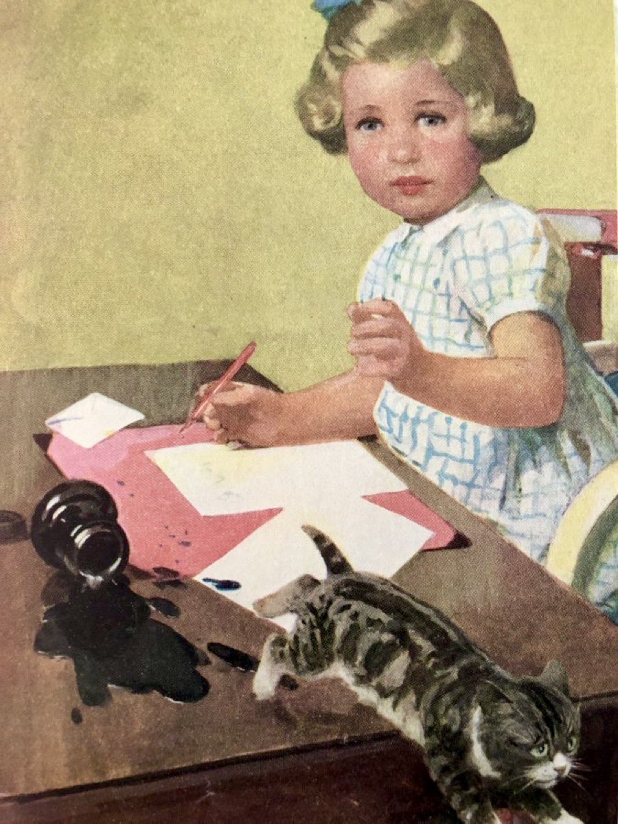 LBFlyawayhome's tweet image. I never wrote with a dip pen at school - but there was always an old, deep ink stain on every school desk.
Artist: Septimus Scott
(Uncle Mac’s ABC, 1950)