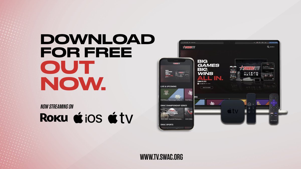 theswac's tweet image. Itโs HERE.๐ฑ๐ป๐บ
SWAC TV is now streaming FREE on Roku, iOS, and Apple TV.
Every rivalry. Every win.
All in one place.
#SWACTV #ALLIN
๐ฅ Coming to Fire TV, Google Play & Android TV on August 1