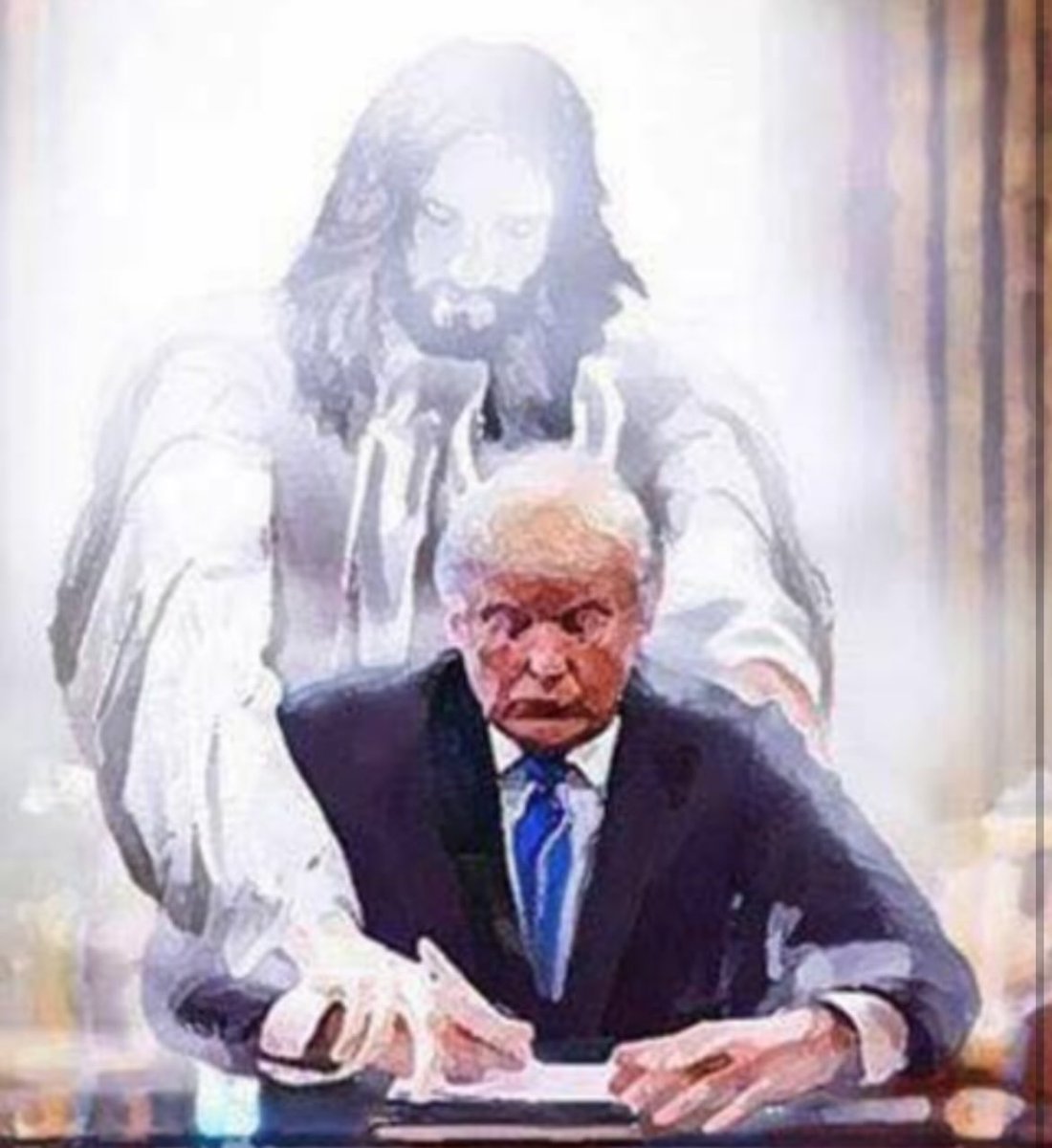 Anon__Rando's tweet image. You know the memes where Jesus is merged with a figure so that it’s apparent that they’re doing something together (see attached)…can someone with AI art access generate a version but this time Jesus helping Trump burn the Epstein List with a bic lighter?
Please & Thank You.