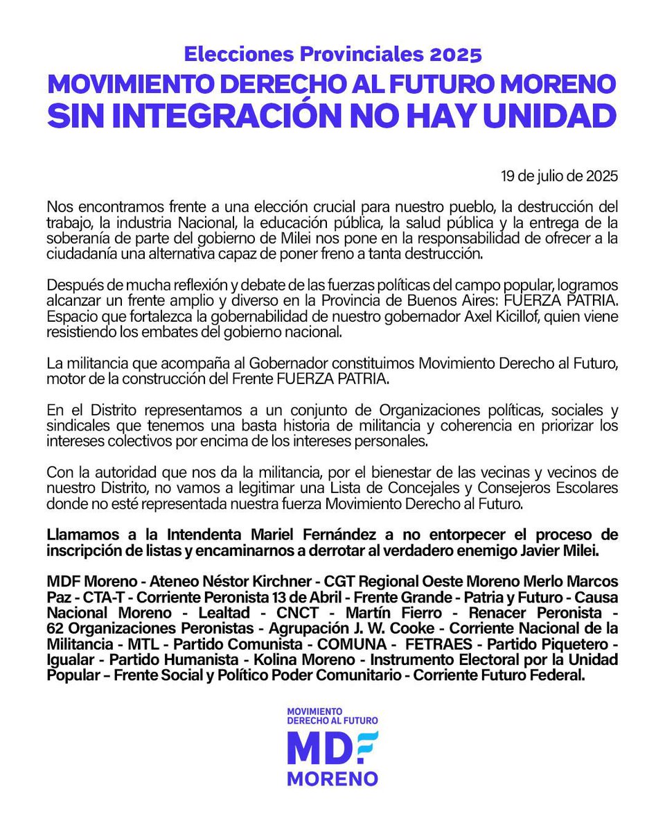 rosarioa's tweet image. El armado de listas distritales sigue siendo a esta hora el gran escollo para el cierre. Los tres sectores con intendentes y referentes locales están en la misma: “si fulano no abre la lista allá, yo no la abro acá”. Y nadie abre.
En Moreno, el MDF le pide a la intendenta…