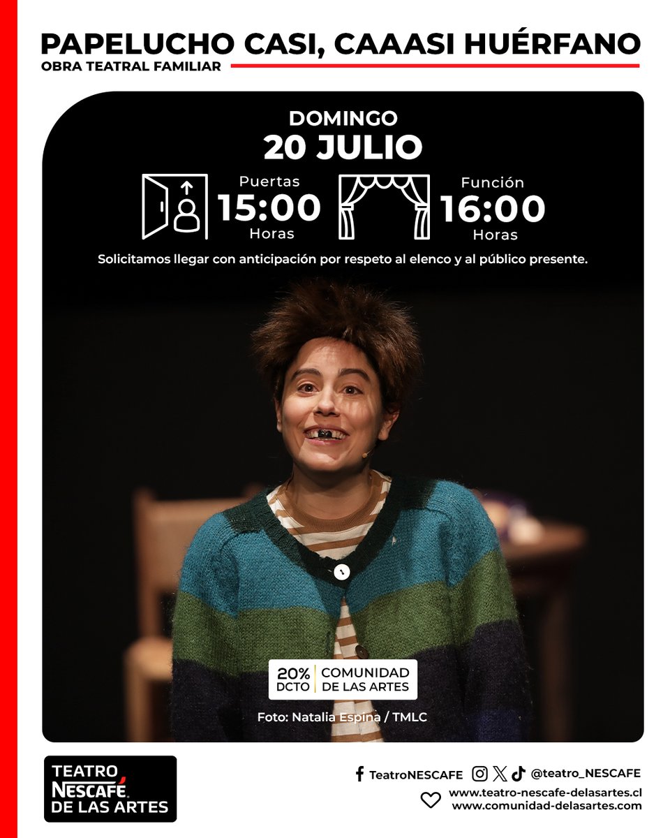 ✈️🎸 ¡HOY! Papelucho casi, caaasi huérfano 📅 Dom 20 Jul

⏰ Puertas: 15:00 / Función: 16:00 H
🎟 20% Dcto Comunidad de las Artes, vía Ticketmaster.cl y boletería Teatro
📌 Precios especiales para niñas y niños entre 2 y 12 años
📌 Se solicita llegar con anticipación