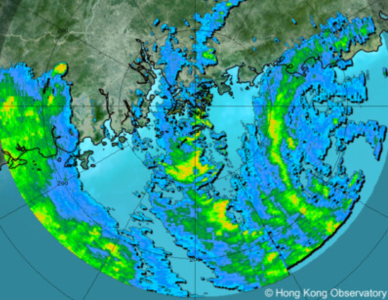 iCyclone's tweet image. TS #WIPHA is now within radar range of Hong Kong. It ain't exactly what I'd call a fine specimen, but it has an easily identifiable center and decent banding. Estimated winds are 55 knots. It'll be a stormy Sunday morning in Hong Kong.
