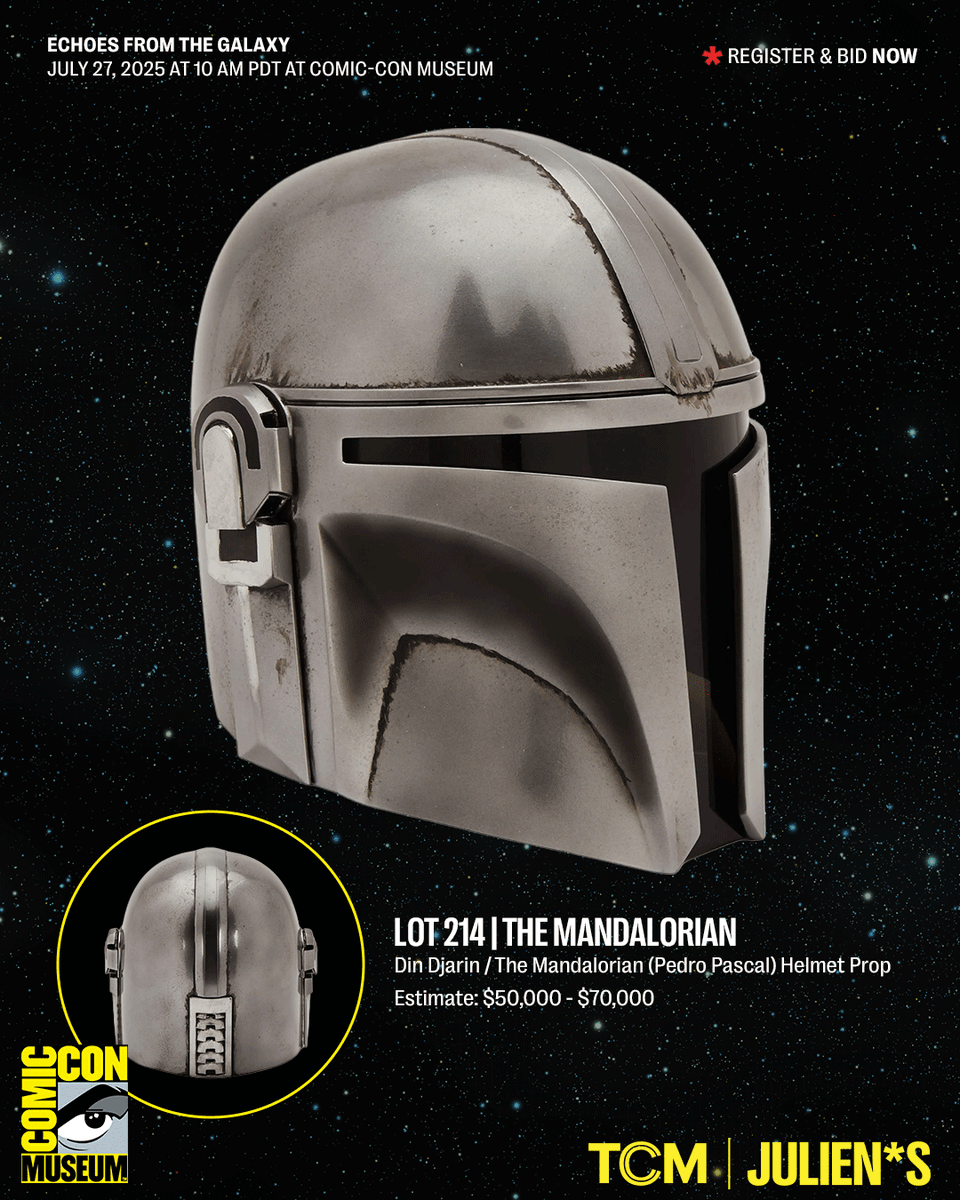 JuliensAuctions's tweet image. From the screen to your collection! Up for grabs is the original Mandalorian helmet worn by Pedro Pascal as Din Djarin—crafted by Legacy Effects and featured throughout the hit series.
With its reflective finish, cloth neck guard, and iconic T-shaped visor, this is the bounty…