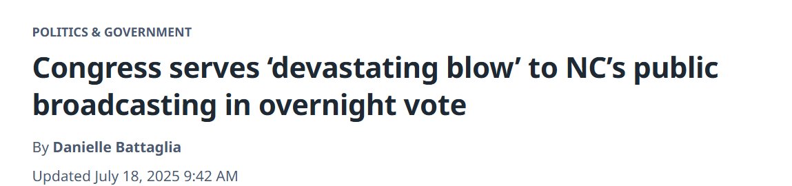 RepDeborahRoss's tweet image. In the dead of night, Republicans voted to defund public broadcasting.
Stations in NC will now have fewer resources to put out emergency alerts right as hurricane season starts.
This will hurt rural and low-income communities the most. North Carolina deserves better.