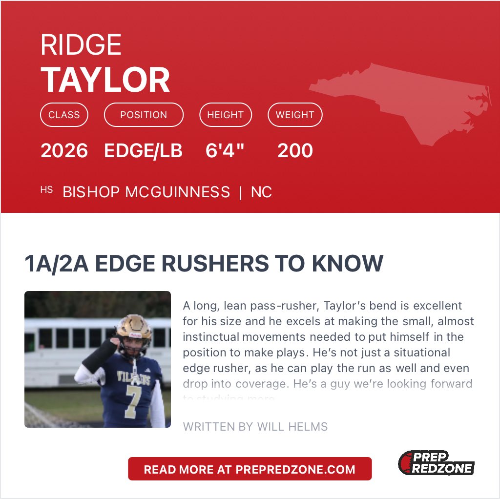 ridgetaylorfb's tweet image. Blessed to be listed as a Top 5 1A/2A Edge Rusher in North Carolina for this upcoming season!
Thank you to @whelms21 for writing articles like these. Excited to show @PrepRedzoneNC what I can do this fall!
prepredzone.com/2025/07/1a-2a-…
@AveryMcMullin @bmhsvillainsfb @StyersTy…