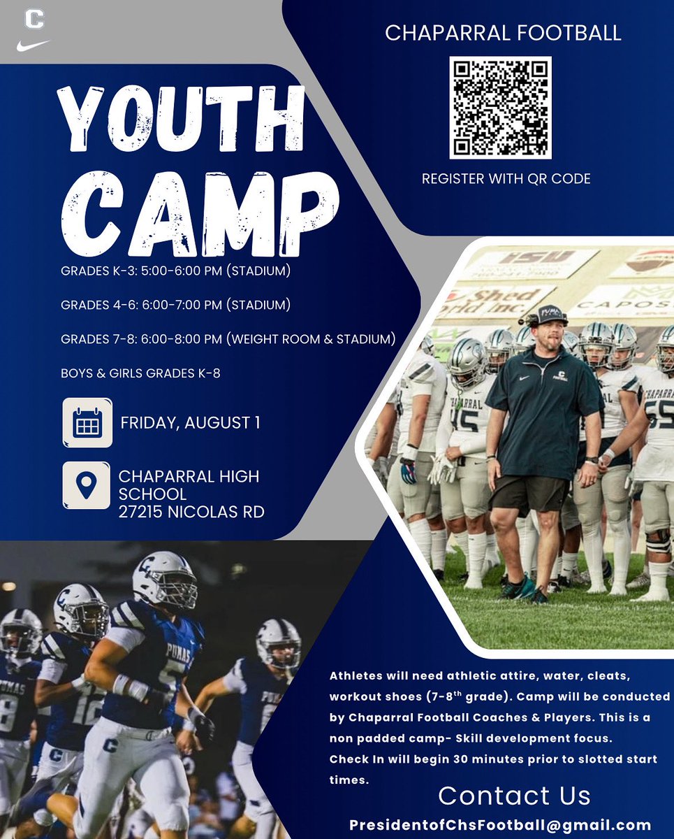 Jason Payne (@coach_jpayne) on Twitter photo 🚨 YOUTH CAMP 🚨
Boys & Girls Grades K-8th come out to Chaparral High School, Friday- August 1st.
Parents please use the QR code to register for the camp.
Camp will be conducted by CHS Football coaches & players.
Questions: Email PresidentofChsFootball@gmail.com
#PumaPRIDE 🚨 YOUTH CAMP 🚨
Boys & Girls Grades K-8th come out to Chaparral High School, Friday- August 1st.
Parents please use the QR code to register for the camp.
Camp will be conducted by CHS Football coaches & players.
Questions: Email PresidentofChsFootball@gmail.com
#PumaPRIDE
