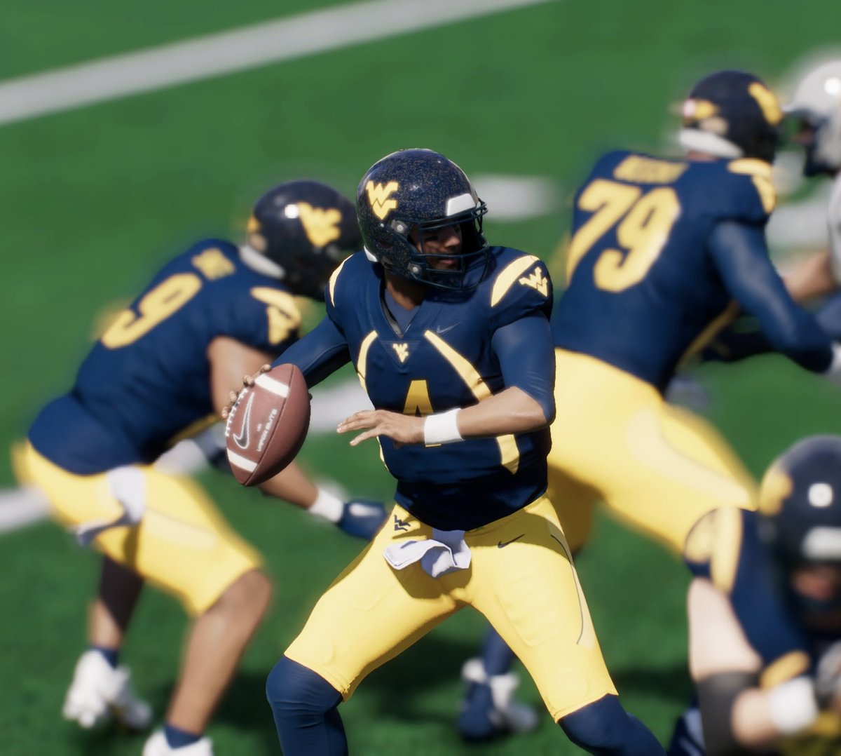 ethan_dimitroff's tweet image. Updating my 2012 @WVUfootball teambuilder. Adding all the decals to the back of the helmet. And the gold flake! Also corrected the gray helmet’s stripe. Still need to work on the gold flake on it.