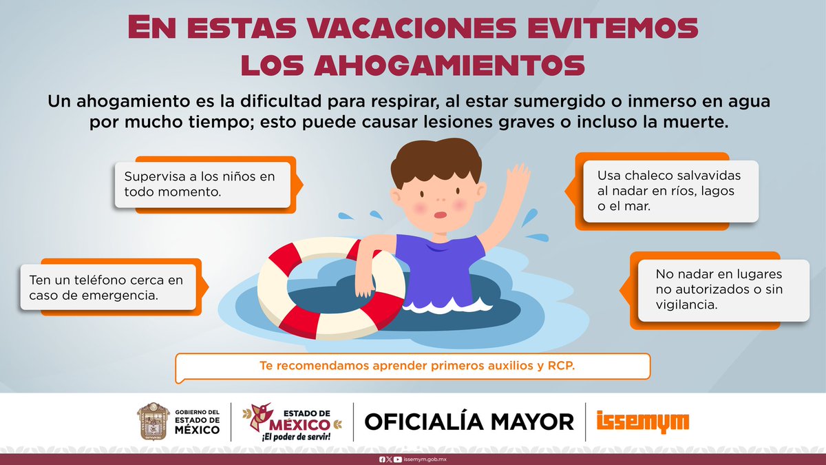 #IssemymTeInforma | Las niñas y los niños menores de 5 años son más propensos a sufrir ahogamientos; por ello, presta atención si estan cerca del agua. 🏊‍♂️  
#EquipoIssemym #ElPoderDeServir