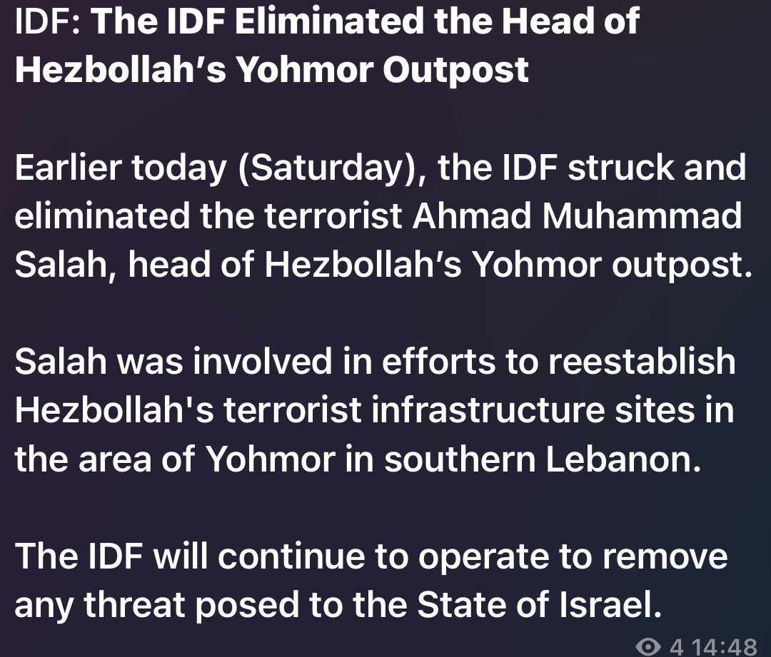 Kredo0's tweet image. Israel says it killed the head of Hezbollah’s Yohmor Outpost, who “was involved in efforts to reestablish Hezbollah's terrorist infrastructure sites in the area of Yohmor in southern Lebanon”