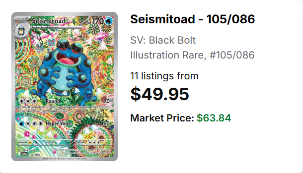CardGameNomad's tweet photo. A Warning for those using TCGPlayer!

TCGPlayer really needs to remove Japanese listings from English card listings on their app.... Especially when they already have a section for Japanese cards. 

Seller Mei Cards is trying to get $50 for a Japanese copy of Seismitoad and $25 for a Japanese copy of Haxorus.

Japanese market for both.... $25. And they are doing this for many different BBWF cards. 

Please do not buy Japanese cards under English listings, they are using English market prices to scam you! That $25 looks great on Haxorus compared to $60, but if you go to the actual Japanese listing, you can get it for $10. 

I think a lot of new people in the hobby fall for this scammy stuff and I hope this post helps someone avoid being scammed out of their money.