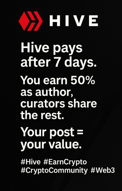 Bhattg18's tweet image. Hive pays after 7 days. You earn 50% as the author, and the curators share the rest. Your post = your value. Engage. Earn. Repeat. #Hive #EarnCrypto #CryptoCommunity #Web3