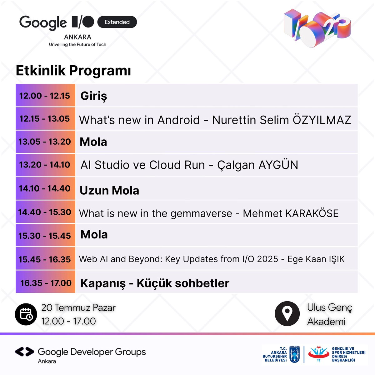 gdgankara's tweet image. 🚀 Extended I/O Ankara Etkinlik Programı!
Google teknolojileriyle dolu ilham verici bir gün seni bekliyor!

#GoogleIOExtended #IOExtendedAnkara #GDGAnkara #TechEvent #GeliştiriciTopluluğu #GoogleDevelopers #TeknolojiAnkara