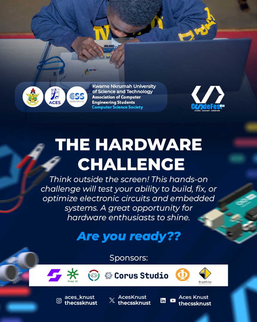 AcesKnust's tweet image. Assemble. Code. Innovate. Repeat ๐ง๐ป
Join the Hardware Challenge at CodeFest '25 and take your tech skills to the next level ๐
Bring your A-game, creativity, and problem-solving skills to build innovative hardware solutions.
Let's make tech happen ๐ก #HardwareChallenge