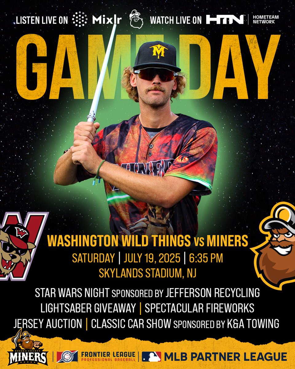 Tonight is <a href="/starwars/">Star Wars</a> Night sponsored by Jefferson Recycling! 💫

Don’t miss our #lightsaber giveaway, #StarWars jersey auction, character appearances, Classic Car Show, #fireworks, and more!

🎟️ tickets.sussexcountyminers.com

🎙️ Listen live on <a href="/mixlr/">Mixlr</a>
📺 Watch live on <a href="/watchhometeam/">HomeTeam Network</a>