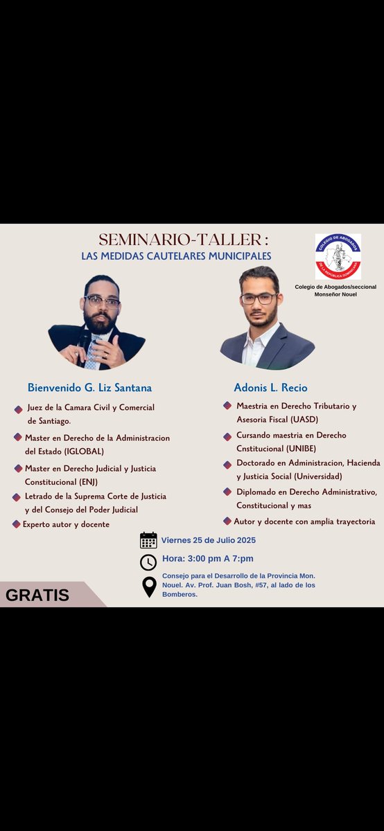 Grato placer invitarles a acompañarnos al Magistrado <a href="/Bienvenidoliz1/">Bienvenido G. Liz Santana</a> y este servidor a la ciudad de Bonao este viernes 25 de julio de 2025, para continuar tratando sobre "Las Medidas Cautelares Municipales" de la mano  de <a href="/VivianaRoy39320/">Viviana Royer</a> y el CARD.

De 15:00/19:00PM