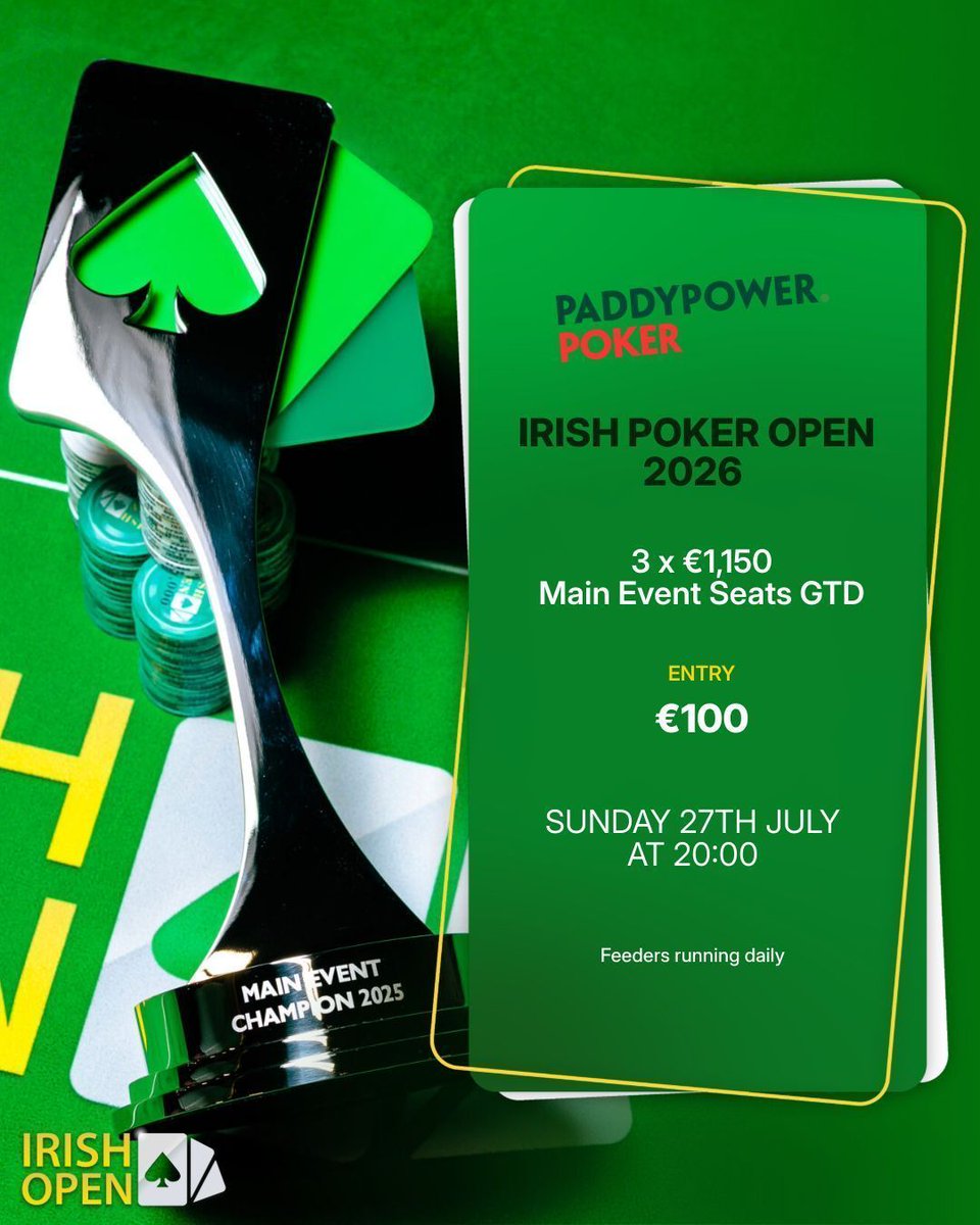 Irish Open (@irish_pokeropen) on Twitter photo Online satellites are running now on <a href="/paddypowerpoker/">Paddy Power Poker</a> with daily feeders starting from just €1.
🎟️ Don’t miss the next chance to win your seat — 27th July at 20:00hrs, with 3 Seats GTD!
18+ | Play responsibly Online satellites are running now on <a href="/paddypowerpoker/">Paddy Power Poker</a> with daily feeders starting from just €1.
🎟️ Don’t miss the next chance to win your seat — 27th July at 20:00hrs, with 3 Seats GTD!
18+ | Play responsibly
