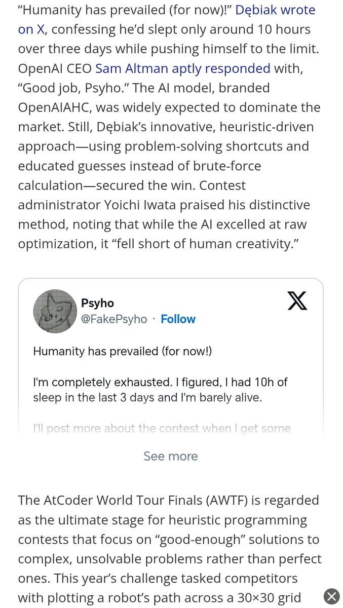 tek_nikel54's tweet photo. #Humanprogrammer👾 #beats #OpenAI's #customAI in 10-hour #marathon #wins #WorldCodingChampionship. #Polish #programmer #mightb #last #humanwinner🤖
#heuristicdriven #problemsolvingshortcut #educatedguesses instead o #bruteforcecalculation
#Tek_nikel54🤖
https://t.co/TUj1eh4fDy https://t.co/VpnFxok5A9