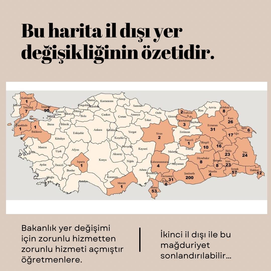 <a href="/tcmeb/">Millî Eğitim Bakanlığı</a> #2ilDisiTakvimAcıklansın
"Bayrağın olduğu her yer, aynıdır" şiarıyla başladığımız görevde; başkalarının affedildiği, il emriyle 3-4 yılda depo yapıldığı sistemin yükünü 5 ilâ 10 yıl arası doğuda ilkatama olan öğretmenler olarak biz sırtlanıyoruz. İkinci il dışı takvimi