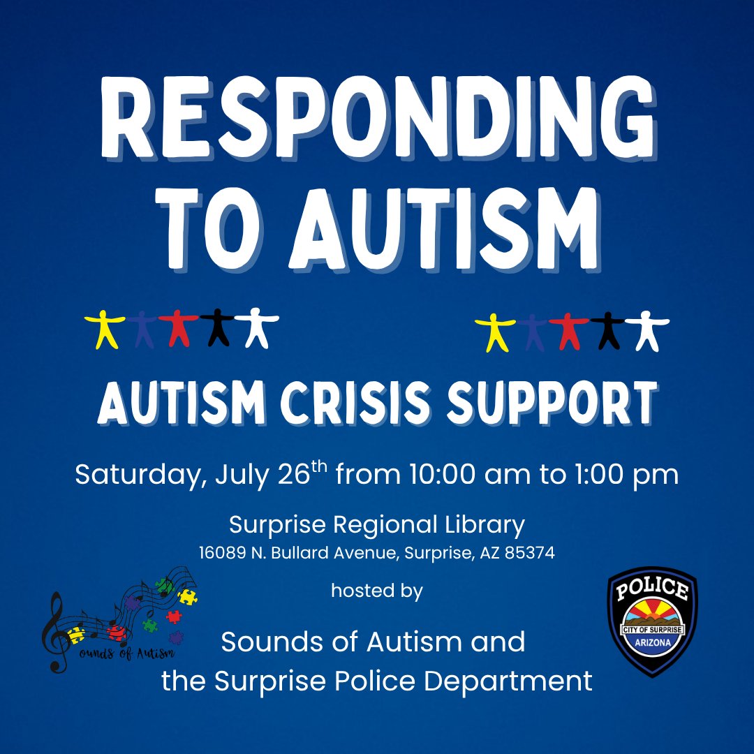 Surprise_PD's tweet image. 🌟 You're Invited to a Special Community Event! 🌟
Hosted by Sounds of Autism & Surprise Police Department
📍 Location: Regional Library, 16089 N Bullard Avenue📅 Date: Saturday, July 26
⏰ Time: 10:00 AM – 1:00 PM
💵 Admission: Absolutely FREE!
Join us for a family-friendly…