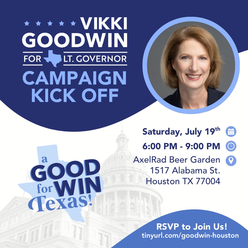 CongressLaura's tweet image. I'll be heading down to Houston soon to attend @VikkiGoodwinTX campaign kickoff for Lt Governor
Hope to see many Houston area friends at the event
@harrisdemocrats @Harrisyds @HoustonSecular @MeyerDems @ROADwomenTX @TexRunSisterRun @CypressTomball @cyfairdems @Htown4Progress