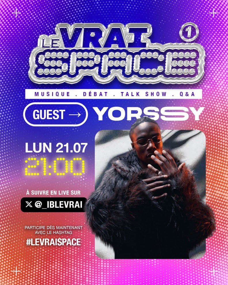 ANY EARS 👂 (@any_ears) on Twitter photo 🚨 LE VRAI SPACE par <a href="/_iblevrai/">La Dictature.</a>
Co-Hôte : <a href="/prochaineporte/">Eddie Plein</a> & <a href="/tw2ezy/">TWZ 🎧🇲🇶</a>
Avec en guest <a href="/YORSSYANTF00/">4 OCTOBRE 2025 LA CIGALE 🔥💆🏾♂️</a> !
On parlera de son dernier projet, de son chemin depuis Nouvelle École, de son concert à la Cigale..
📅 LUNDI 21, 21:00
🔗 : x.com/i/spaces/1vOGw… 🚨 LE VRAI SPACE par <a href="/_iblevrai/">La Dictature.</a>
Co-Hôte : <a href="/prochaineporte/">Eddie Plein</a> & <a href="/tw2ezy/">TWZ 🎧🇲🇶</a>
Avec en guest <a href="/YORSSYANTF00/">4 OCTOBRE 2025 LA CIGALE 🔥💆🏾♂️</a> !
On parlera de son dernier projet, de son chemin depuis Nouvelle École, de son concert à la Cigale..
📅 LUNDI 21, 21:00
🔗 : x.com/i/spaces/1vOGw…