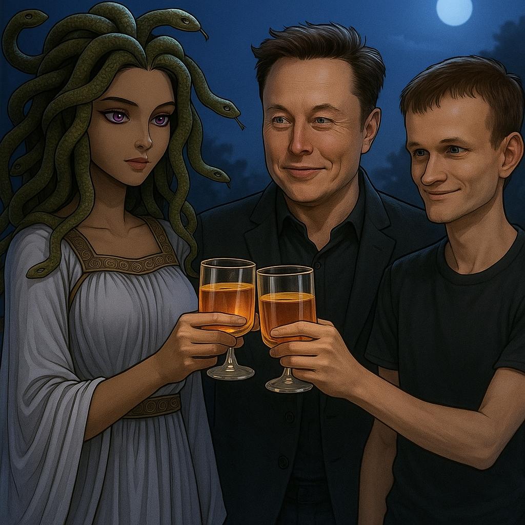 Medusacoinerc20's tweet photo. Medusa, Elon, and Vitalik just unlocked god-tier alpha. 🐍🚀🥂 #CryptoLegends #LiveNow #Medusa #Elon #Vitalik https://t.co/lu75pds2QF