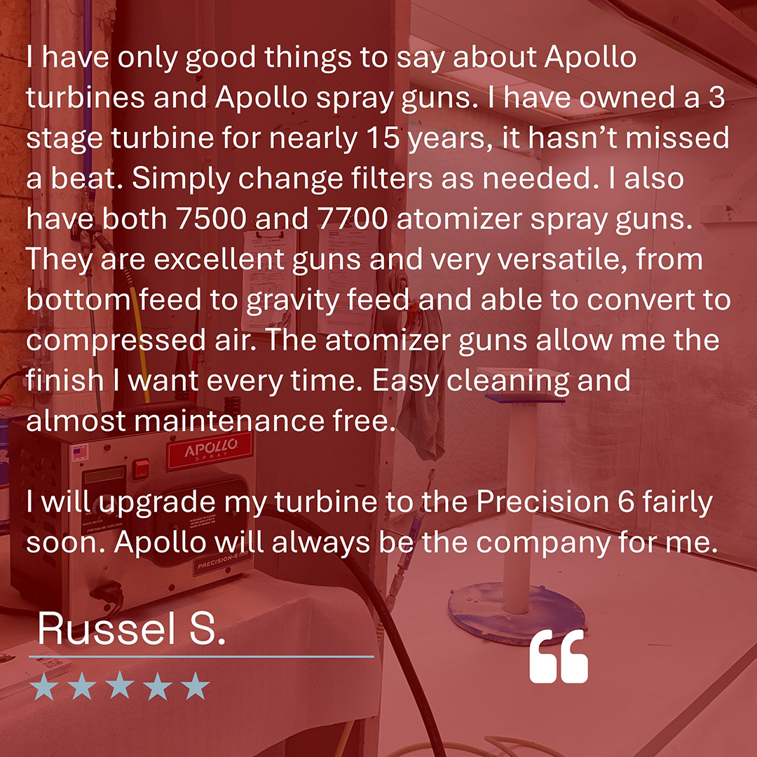 ApolloSprayers's tweet image. 15 years strong—and still going. Russel S. shares his experience using Apollo’s 3-stage turbine system along with the 7500 and 7700 spray guns. Reliable, versatile, and easy to maintain—Apollo tools are built to last and evolve with you. Next up for Russel: the Precision 6.