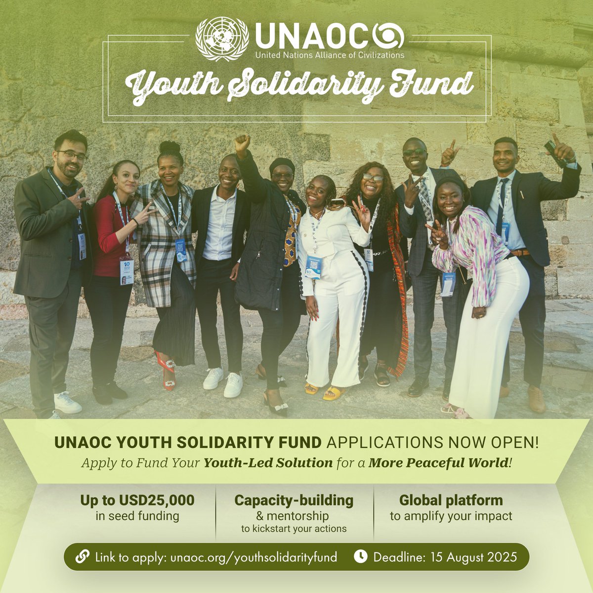 UNDRR's tweet image. 🌍 Youth-led orgs are building resilience through inclusion, dialogue & risk reduction.
💡 Since 2008, @UNAOC’s Youth Solidarity Fund has backed 80 initiatives in 43 countries—impacting 3.4M+ people. Now it’s your turn.
🎯 Apply by 15 Aug 👉 ow.ly/J2P150Wr25s #UNAOCyouth
