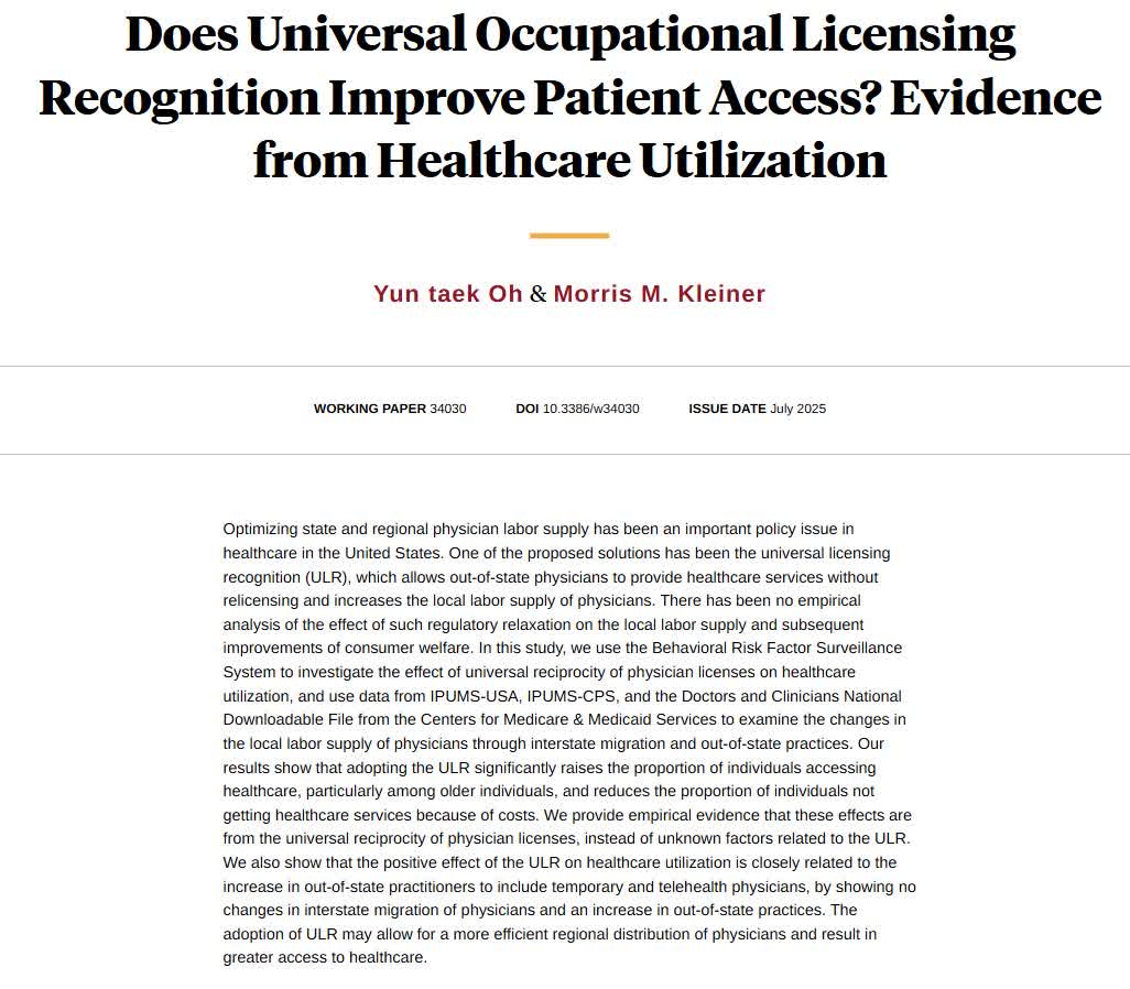 nberpubs's tweet image. Finding an increase in consumer welfare due to the adoption of the out-of-state license reciprocity for physicians, from Yun taek Oh and Morris M. Kleiner nber.org/papers/w34030